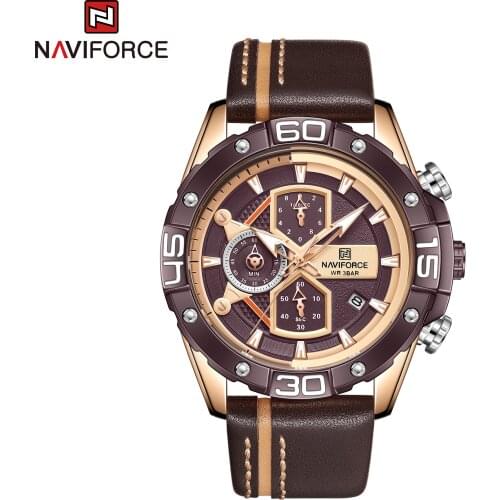 NAVIFORCE Mens Analog Quartz Chronograph Watch with Leather Bracelet NF8018 3Bar Waterproof Date Wristwatch Coffee Second Hour