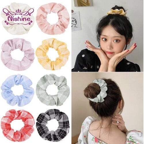 Nishine Women Hair Rubber Band Korean Style Elastic Scrunchies Hairbands Colorful Plaids Girls Headwear DIY Clothing Decoration