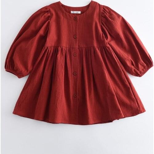 Girls' Long-sleeved Cotton and Linen Solid Color Lantern Sleeve Dress Toddler Fall Clothes 2021 Dresses Kids Dresses for Girls