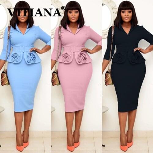 VITIANA Women Office Lady Dress Spring 2021 Female V-Neck Black OL Work Midi Pencil Dresses Femme Pink Sexy Vestidos With Belt