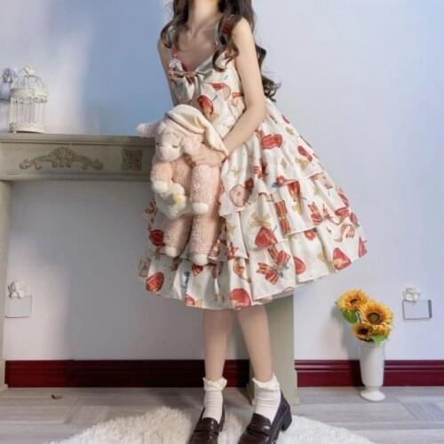 Daily light Lolita Red apple Print Jsk Sling Japanese Kawaii Dress Summer Lolita Bowknot Party Vintage Dresses