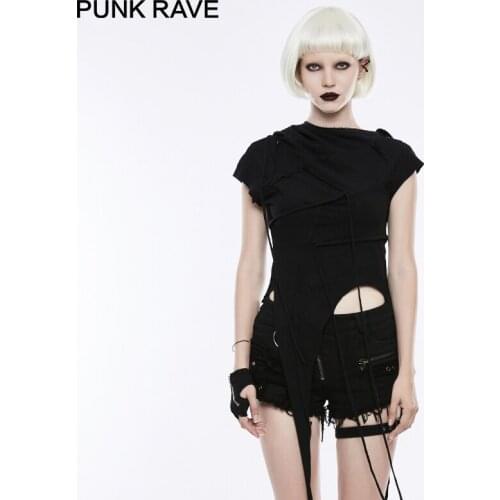 PUNKRAVE Womens Punk Hooded Irregular hem T-shirt Gothic Knit Slant Hat Mosaic Short Sleeve Casual Tops