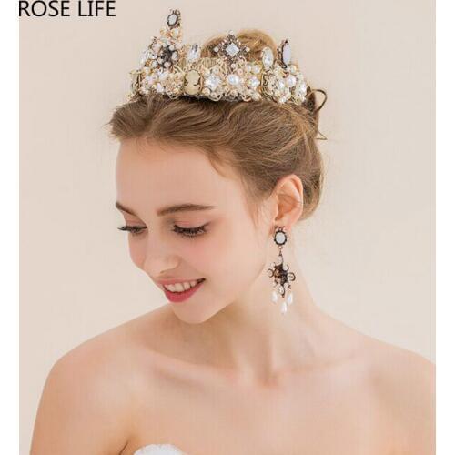 ROSE LIFE Vintage brides crown pearl rhinestone tiara wedding luxury crown alloy accessories show princess earrings Crown Set