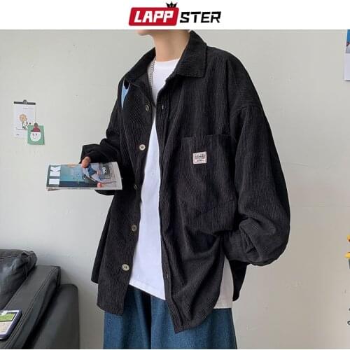LAPPSTER Men Vintage Harajuku Corduroy Shirts 2021 Mens Korean Fashion Solid Oversized Shirt Male Japan Streetwear Casual Shirts