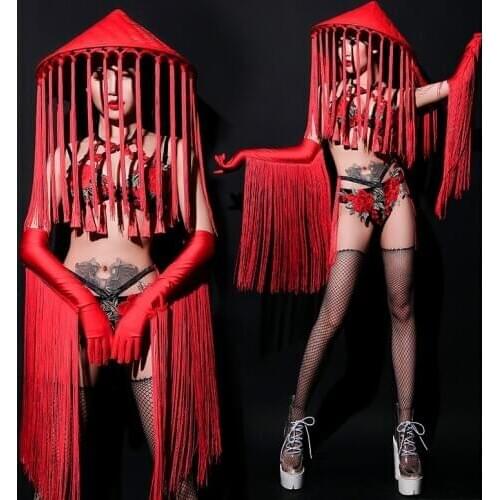 Stage Costumes Female Red Flower Embroidery Tassel Gloves Female Dj Clothing Bar Bikini Nightclub Ds Pole Dance Clothes DT1701