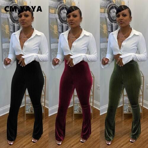 CM.YAYA Autumn Spring Pleuche Women Wide Leg Pants Leggings High Waist Flare Bell Bottom Trousers Draped Jogger Pants Sweatpants