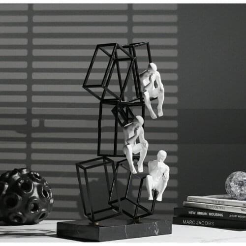Modern Geometric Black Paint Wrought Iron Frame Ornaments Home Room Tv Cabinet Sculpture Crafts Thinker Statue With Marble Base