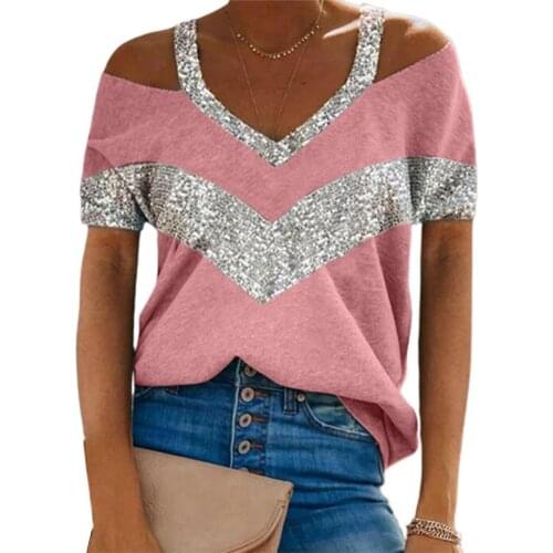 Summer Women T-shirt V Neck Sequins Patchwork Short Sleeve Cold Shoulder Loose Blouse Top for Daily Wear