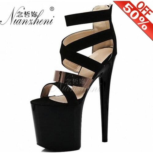 Gothic Roman Hollow Flock Womens sandals 20CM High heeled shoes Open Toe Thick platform 8 inches Pole Dance Clubbing Mature Hot