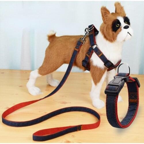 Denim Dog Vest Harness Leash Jeans Leash Harnesses Lead Cowboy Traction Rope Strong Leash Dog Collar Teddy Pet Training Supplies