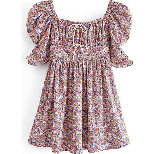 YENKYE Vintage Floral Print Holiday Party Mini Dress Women Sexy Square Neck Puff Sleeve Vestido Mujer Summer Short Robe