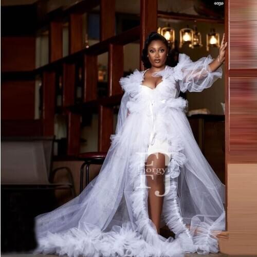 Aso Ebi Plus Size Bridal White Tulle Robes Custom Made Long Sleeve Party Dress See Through Women Maternity Dress For Photo Shoot