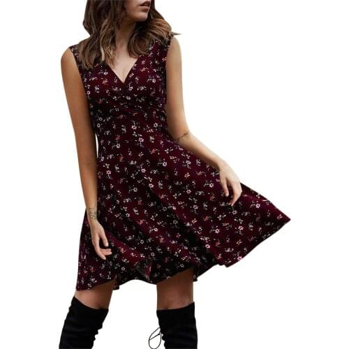 Vintage Womens Casual Dress Fashion Flowers Print Sleeveless V-neck Beach Dress Retro Floral Tank Party Mini Dress Vestidos