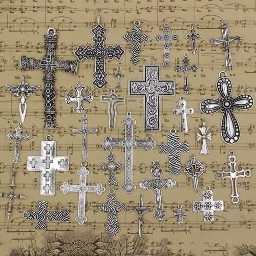 200g/lot Mix Styles Zinc Alloy Silver Tone Cross Charm Pendant For Necklace DIY Jewelry Making Accessories 18mm-100mm K04242