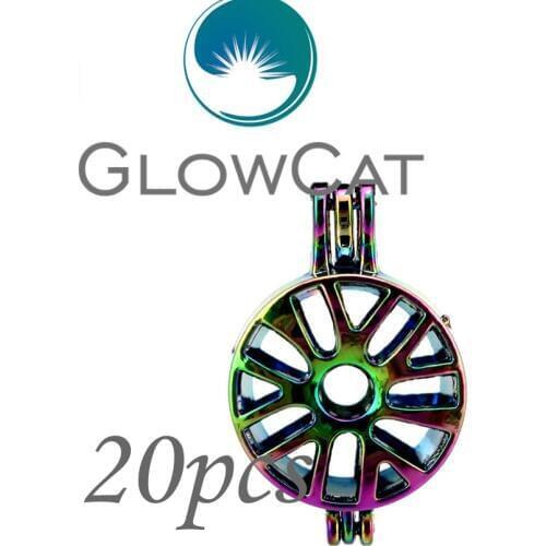 20X CC615 Rainbow Color Round Car Wheel Beads Cage Jewelry Making Essential Oil Diffuser Stone Pearl Cage Locket Pendant