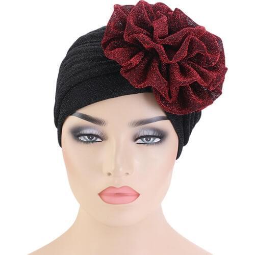 New Women American popular king Flower Turban shinny Caps Elastic Cloth Headwrap Muslim Scarf Cap Ladies Headwear Accessories