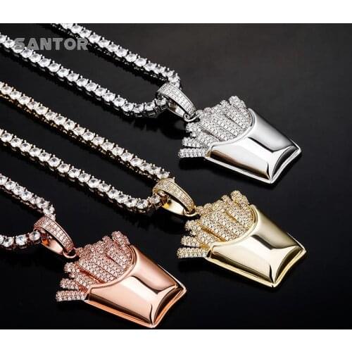Hip Hop French Fries Pendant Necklace Ice Out Zircon French Fries Creative Pendant Men Women Jewelry