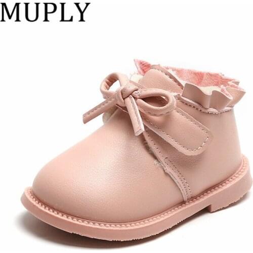 Winter Kid Shoes Fashion Girls Shoes Prevent Slippery Heat Preservation Bowknot Cotton Shoes PU Black Beige Pink Colors