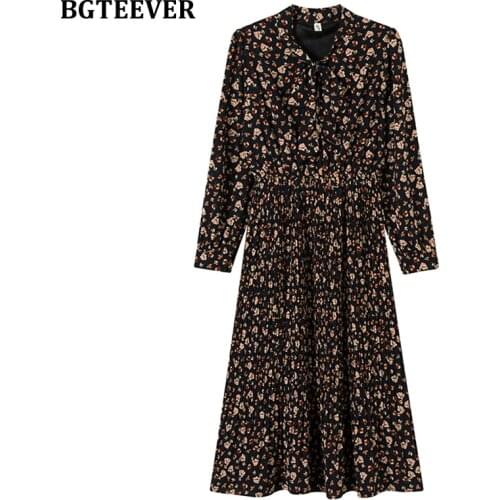 BGTEEVER Elegant Bow Neck Full Sleeve Floral Midi Dress for Women Elastic Slim Waist Ladies Pleated Chiffon Dresses 2021