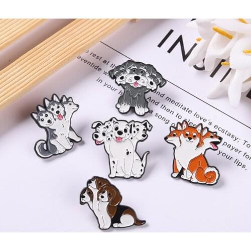 Three Heads Dogs Enamel Pin Custom Husky Shiba Inu Schnauzer Beagles Dalmatian Brooch Badges Clothes Bag Gift for Pets Owners