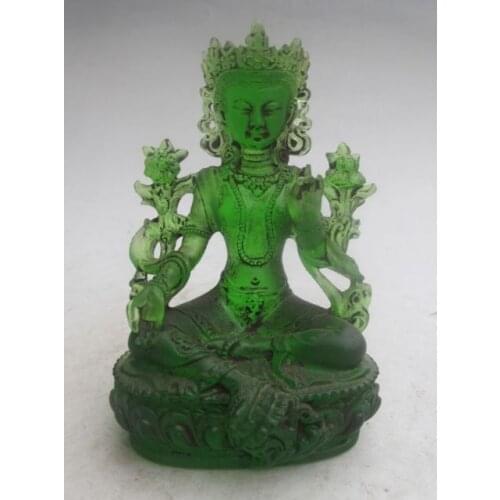 Exquisite Chinese Green Crystal Glass Liuli Manjusri Buddha Statue