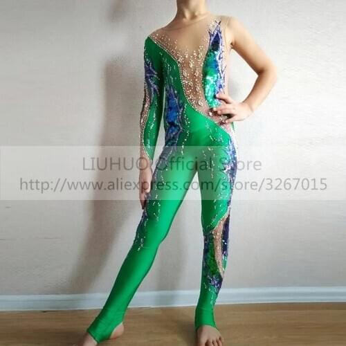 LIUHUO Womens Girls' Adult Jumpsuit Performance Green Rhythmic Gymnastics Competition Leotard Ice Figure Skating Dress Dance