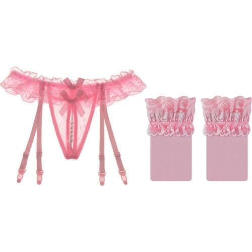 Lace Transparent Underwear Womens Sexy Bow Floral Panties Garters Belt For Thigh High Stockings Female Erotic Lingerie