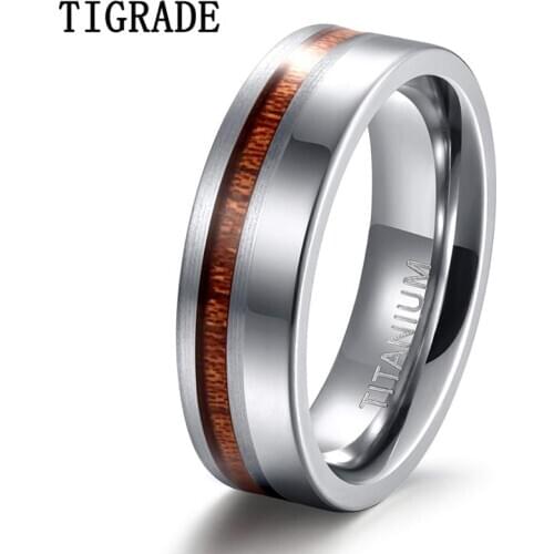 TIGRADE Titanium Man Rings 6mm 8mm Wedding Band Male Brushed and Polished Ring For Men Silver Color Nature Wood Inlay Size 6-13