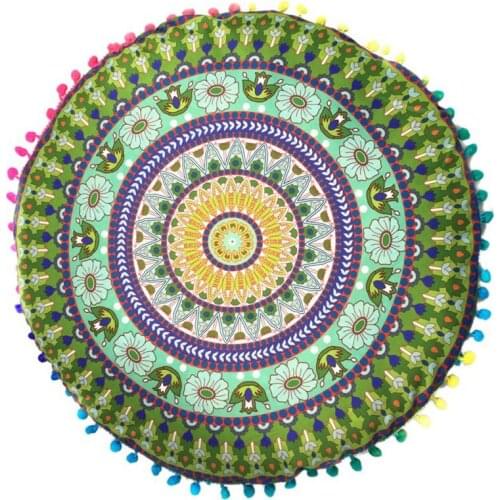 Round Seating Throw Pillow Cover Mandala Floor Pillow Cushion Hippie Decorative Bohemian Style Pom Pom Pillow Cases