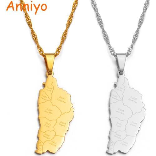 Anniyo Dominica Map & City Name Pendant Chain Necklaces for Women Girls Dominica Maps Stainless Steel Jewelry Gifts #075121
