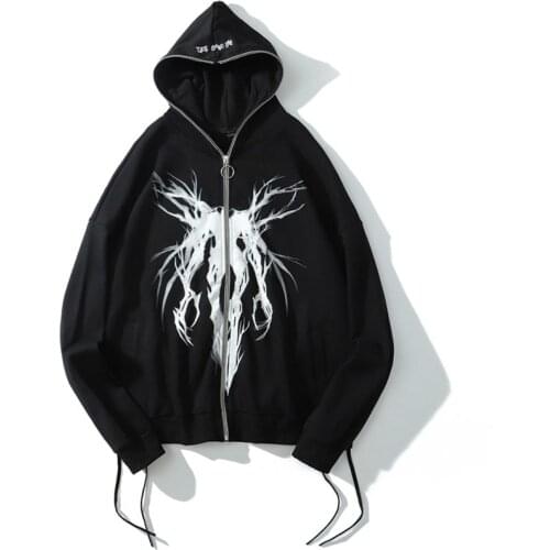 Punk Graphic Print Zipper Ribbon Hooded Hoodie vintage Casual Black Cool Oversize Coat Fashion Sweatshirt 90s Streetwear Autumn