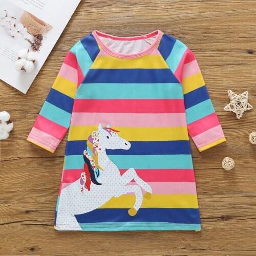 Girls Dress Up 2 To 3 Years Kids Horse Pony Animal Cartoon Print Striped Casual Dresses Long Sleeve O-neck Dresses For Girls