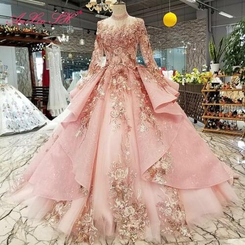 AnXin SH luxury princess beading crystal pink lace high neck bride sparkly train ruffles embroidery ball gown wedding dress 0400