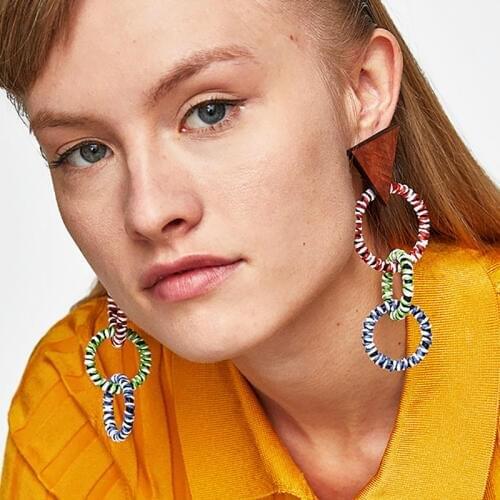 PPG&PGG Luxury Brand Round Pendant Drop Earrings for Women Charm Triangle Wood Dangle Statement za Earrings Rope Boho Bijoux