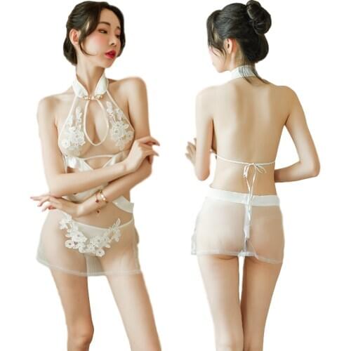 Sexy Hot Erotic Sleepshirts Embroidery Night Dress Backless Mini Lace Nightgown See-through Lingerie Dress Sleepwear Nighties