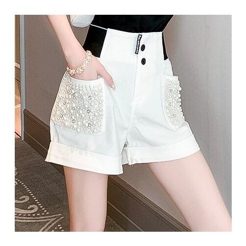Shorts womens summer 2021 new loose elastic high waist casual pants short jeans women cotton shorts Cotton Beading