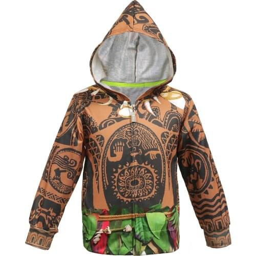 Maui Hoodies for Boys Cosplay Cartoon Kids Long Sleeve Casual Clothing Children Zip Hooded Coat Roll Play Mythical Hero