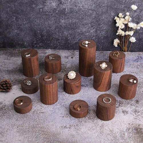 Vintage Dark Brown Cylinder High-end Black Walnut Wood Jewelry Display Stand Storage Column Photo Props Ring Earring Bracket 1Pc