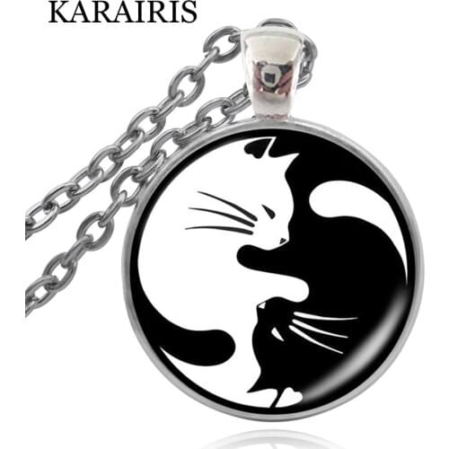 KARAIRIS Vintage Retro Two Cat Necklace Glass Pendant TAIJI Yin Yang Cat Necklace Fashion Mens Womens Necklaces