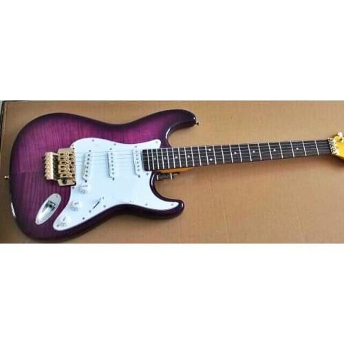 High quality FDST-1077 transparent purple color solid body tiger stripes gold hardwre floyd rose tremolo guitar,Free shipping