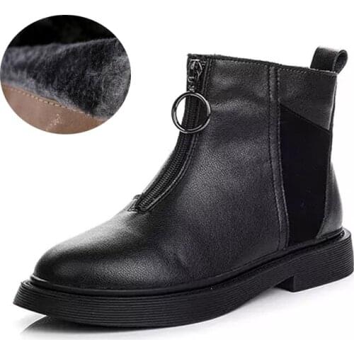 Krasovki 2021 Genuine Leather Womens Ankle Boots Flat Bottom Ankle Boots Round Head Front Zipper Autumn Winter Boots