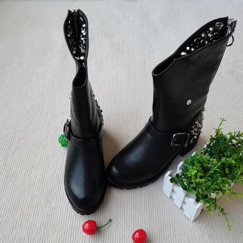 Women mid-calf boots natural leather plus size 22-27.9cm Metal rivet+Buckle Knight boots velvet warm womens designer boots