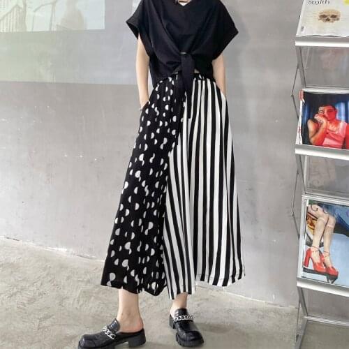 Johnature Summer New Patchwork Wave Point Elastic Waist Pants For Women 2021 Casual Fashion Loose Calf-length Wide Leg Pants