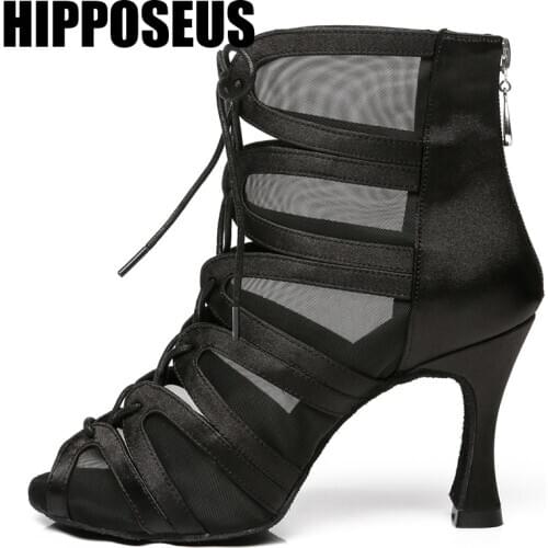 HIPPOSEUS Girls Dance-Shoes For Women Ladies Ballroom Latin Modern Tango Jazz Dancing Shoes Salsa Sandrals Black Mesh High Heels