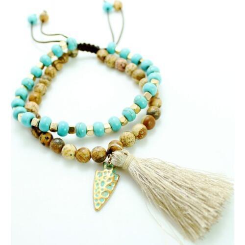 Brown Round Picture stone bead tassel Handmade Beaded Bohemia Women bracelet