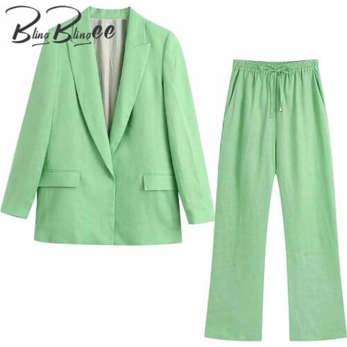 BlingBlingee Green Linen Summer Autumn Woman Casual 2 Piece Sets Open Front Loose Blazers + Straight Pants Female Suits 2021