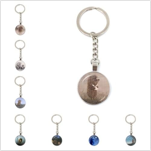 Hedgehog In The Fog Cartoon Keychain Glass Dome Cabochon Pendant KeyChain Key Ring Holder for Men Women Creative Gift