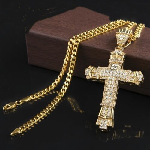 FDLK 2019 Mens Fashion Jewelry Gold Color Crystal Stainless Steel Cross Pendant Necklace Chain