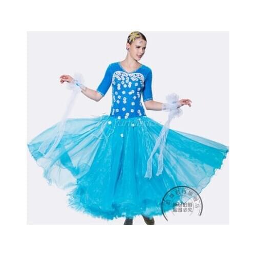 Customize blue dress white flower Fox trot cha cha ballroom Waltz tango salsa Quick step competition dance dress