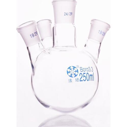 Four-necked flask oblique shape,with four necks standard grinding mouth,Capacity 250ml,Ground mouth 24/29+19/26+19/26+14/23